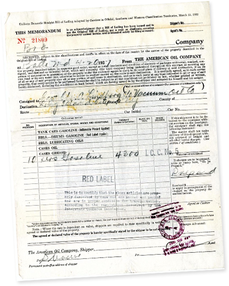 Bill of Lading for Drums of Gasoline for Lindbergh's Transatlantic Flight