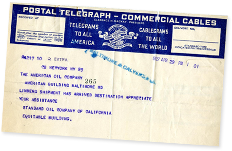 Telegram for Drums of Gasoline for Lindbergh's Transatlantic Flight